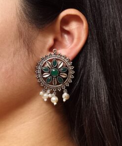 Premium Silver Plated Round Stud Earrings | Stone & Pearl Work Ethnic Best Designer Jewelry For Girls