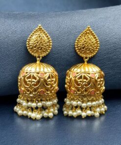 Alternative view of Trendy Floral Art Gold Plated Jhumka Earrings | Stone & Pearl Detailing Ethnic Dangler Amazing Jewelry