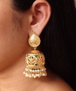 Trendy Floral Art Gold Plated Jhumka Earrings | Stone & Pearl Detailing Ethnic Dangler Amazing Jewelry