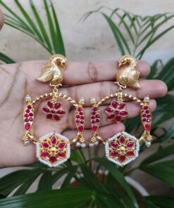 Alternative view of Gold Plated Unique Bird Design Earrings | Stone & Pearl Detailing Ethnic Jewelry For Girls