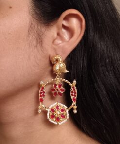 Gold Plated Unique Bird Design Earrings | Stone & Pearl Detailing Ethnic Jewelry For Girls