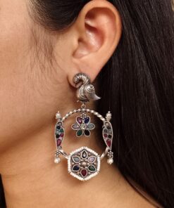 Beautiful Bird Design Earrings | Oxidized Silver Replica Stone & Pearl Work Dangler Jewelry