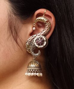 Beautiful Two-Tone Jhumki Earcuff | Stone & Pearl Detailing Traditional Ethnic Jewelry For Girls