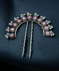 Alternative view of Silver Replica Pearl & Stone Juda Pin | Elegant Oxidized Premium Hair Accessory for Women