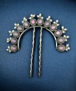 Alternative view of Ethnic Oxidized Juda Pin | Pearl & Stone Premium Silver Replica Hair Accessory Jewelry