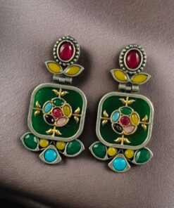 Alternative view of Designer Two-Tone Oxidized Earrings | Monalisa Stone Dangler Silver Replica Best Trendy Jewelry