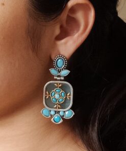 Designer Two-Tone Oxidized Earrings | Monalisa Stone Dangler Silver Replica Best Trendy Jewelry