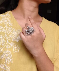Adjustable Pearl Work Bird Ring | Oxidized Silver Replica Designer Best Jewelry for Women