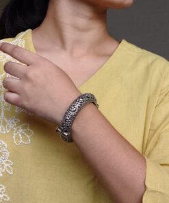 Beautiful Floral Art Kada | Openable Oxidized Silver Replica Fashionable Bangle