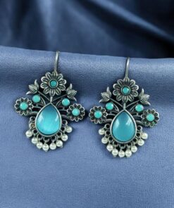 Alternative view of Elegant Flower Design Hook Earrings | Silver Replica Stone & Pearl Work Best Traditional Jewelry
