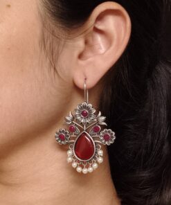 Elegant Flower Design Hook Earrings | Silver Replica Stone & Pearl Work Best Traditional Jewelry