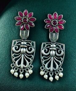 Alternative view of Traditional Oxidized Flower Dangler Earrings | Pearl & Stone Work Silver Replica Amazing Jewelry