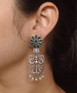 Traditional Oxidized Flower Dangler Earrings | Pearl & Stone Work Silver Replica Amazing Jewelry