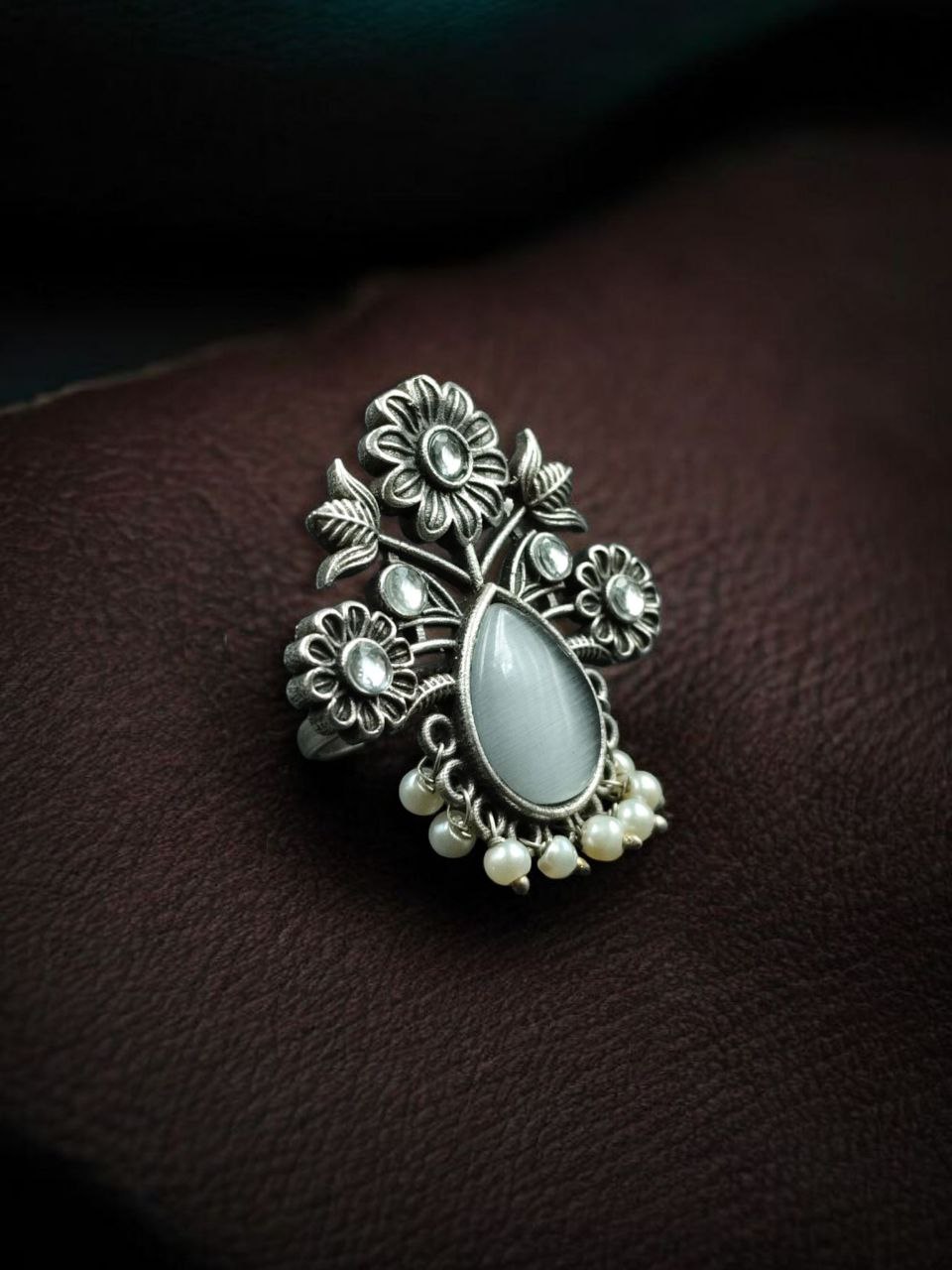 Traditional Flower Design Ring | Silver Replica Adjustable Stone & Pearl Work Best Jewelry - Image 12