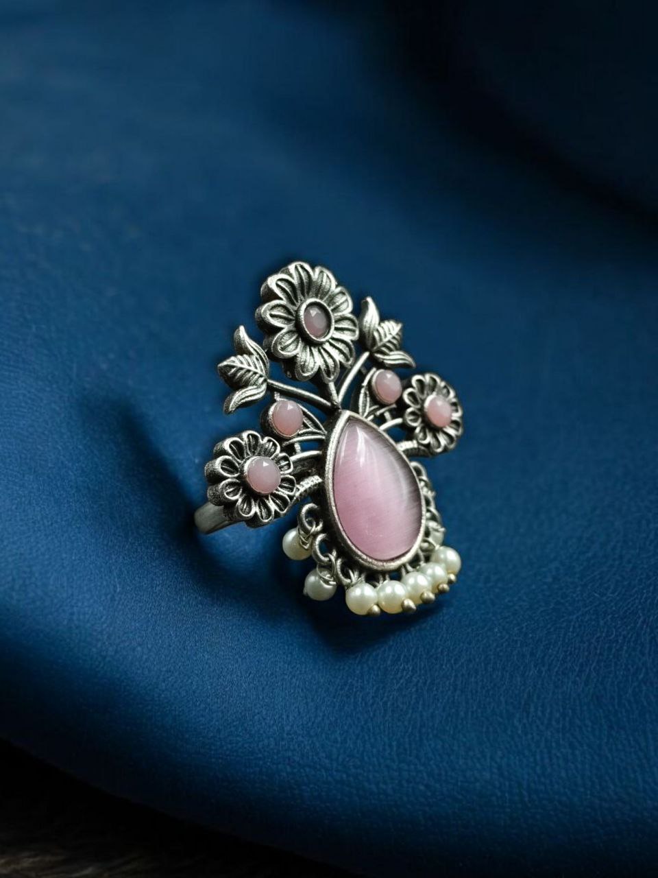 Traditional Flower Design Ring | Silver Replica Adjustable Stone & Pearl Work Best Jewelry - Image 9