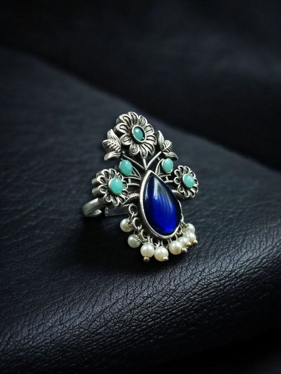Traditional Flower Design Ring | Silver Replica Adjustable Stone & Pearl Work Best Jewelry - Image 7