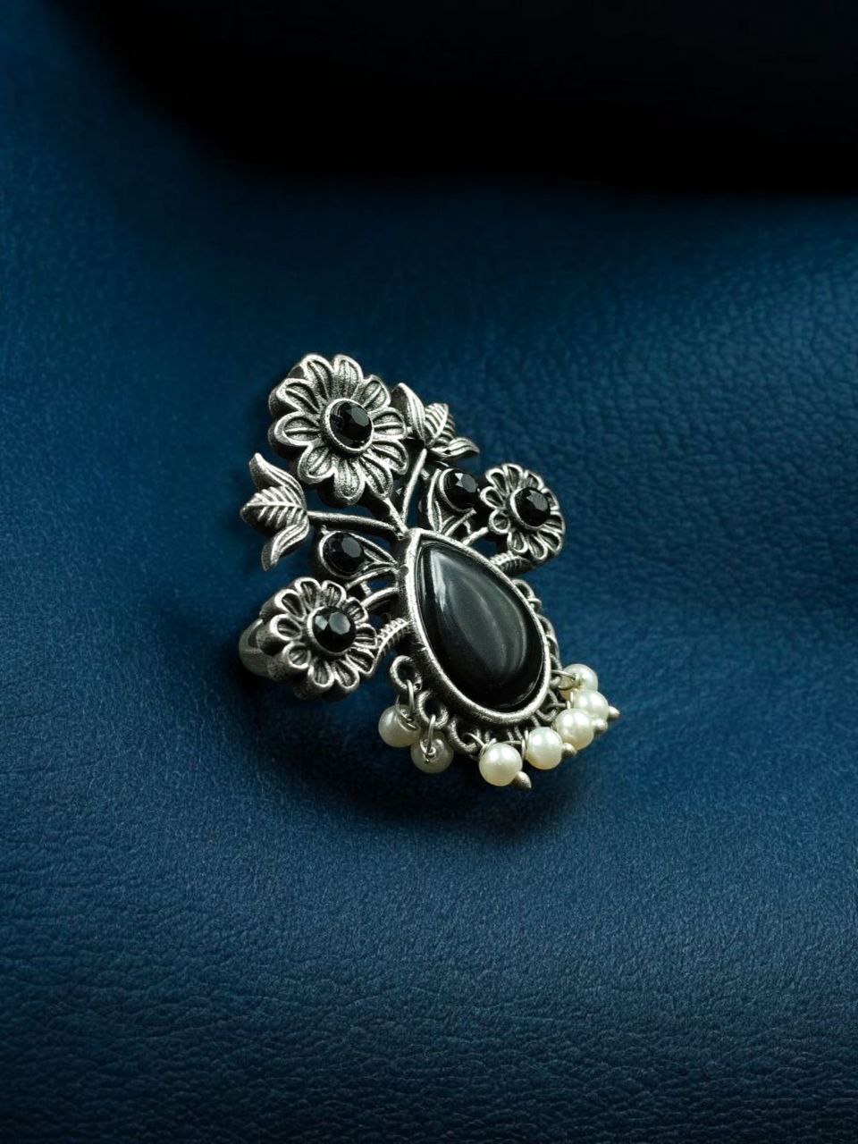 Traditional Flower Design Ring | Silver Replica Adjustable Stone & Pearl Work Best Jewelry - Image 4