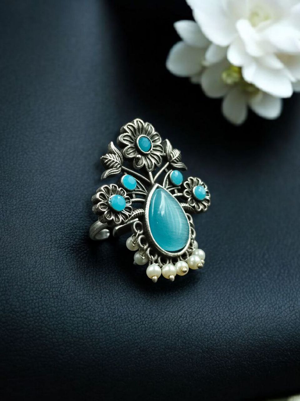 Traditional Flower Design Ring | Silver Replica Adjustable Stone & Pearl Work Best Jewelry - Image 11
