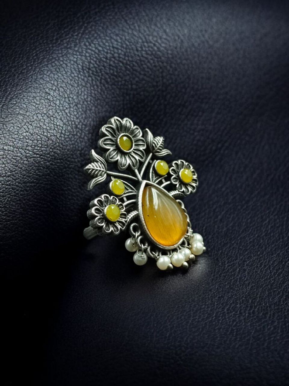 Traditional Flower Design Ring | Silver Replica Adjustable Stone & Pearl Work Best Jewelry - Image 3