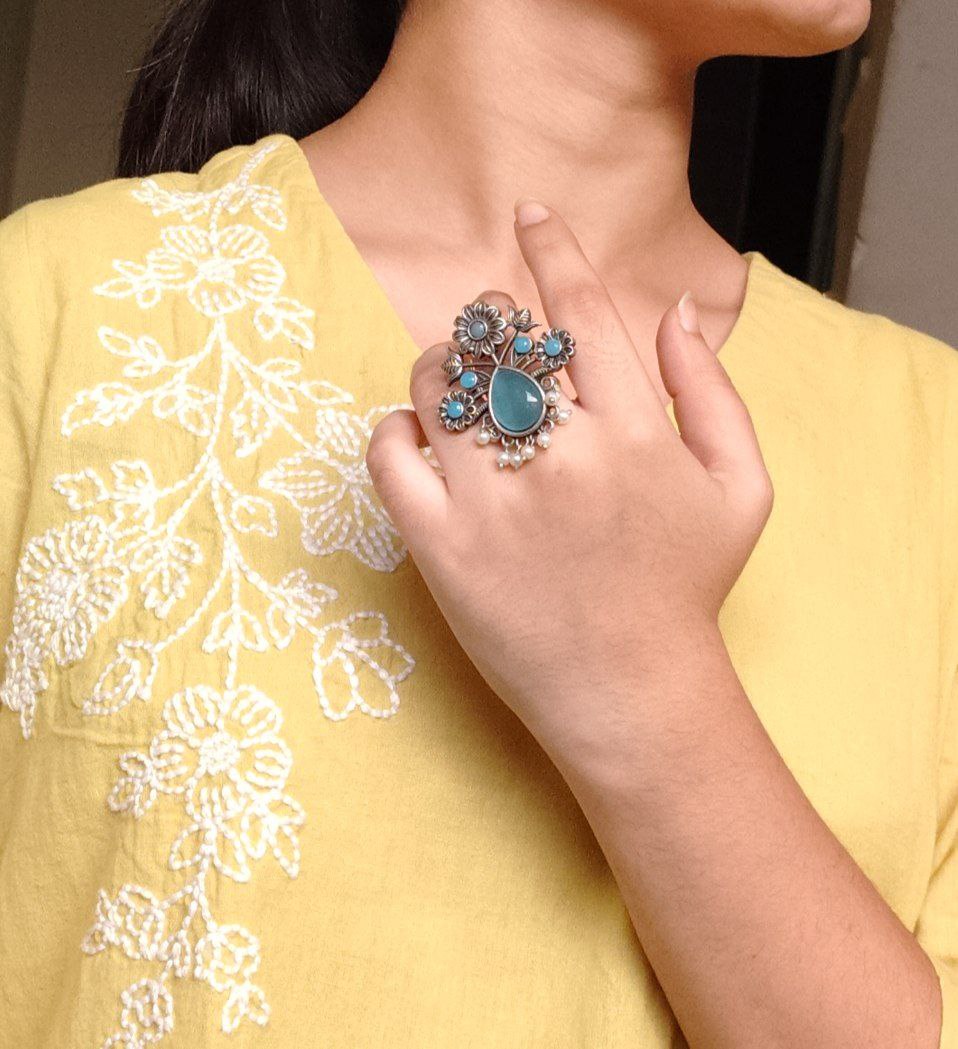Traditional Flower Design Ring | Silver Replica Adjustable Stone & Pearl Work Best Jewelry