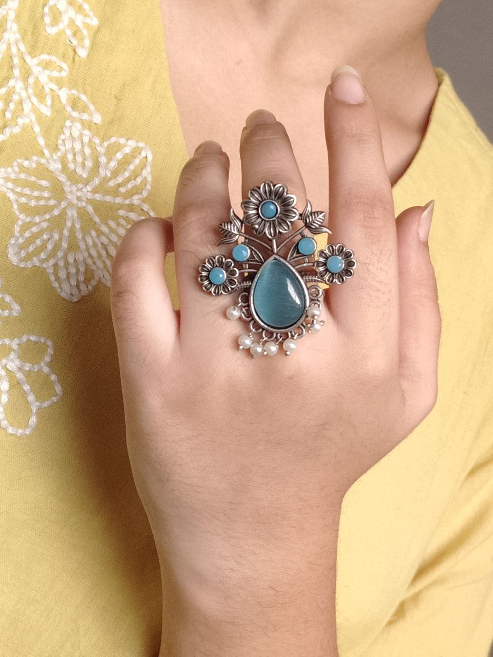 Traditional Flower Design Ring | Silver Replica Adjustable Stone & Pearl Work Best Jewelry - Image 6