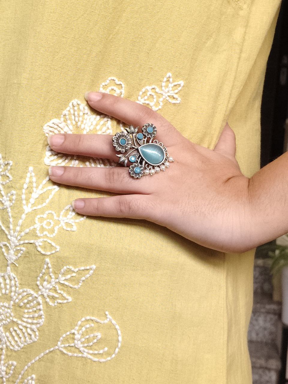 Traditional Flower Design Ring | Silver Replica Adjustable Stone & Pearl Work Best Jewelry - Image 10