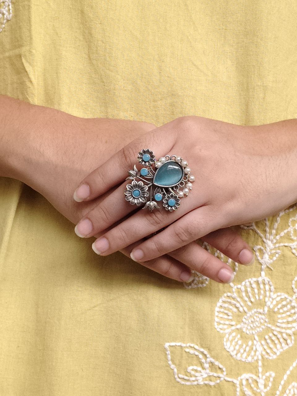 Traditional Flower Design Ring | Silver Replica Adjustable Stone & Pearl Work Best Jewelry - Image 2