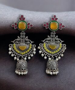 Alternative view of Traditional Long Jhumki Earrings | Meenakari Silver Replica Stone & Pearl Work Beautiful Jewelry For Women