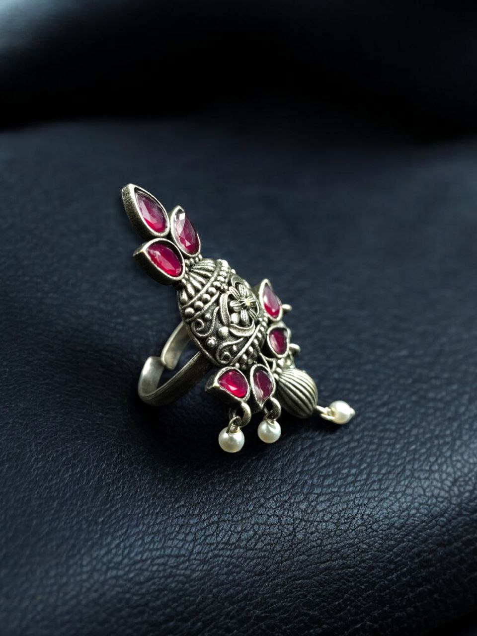 Elegant Silver Replica Adjustable Ring | Stone & Pearl Work Unique Design Jewelry - Image 10