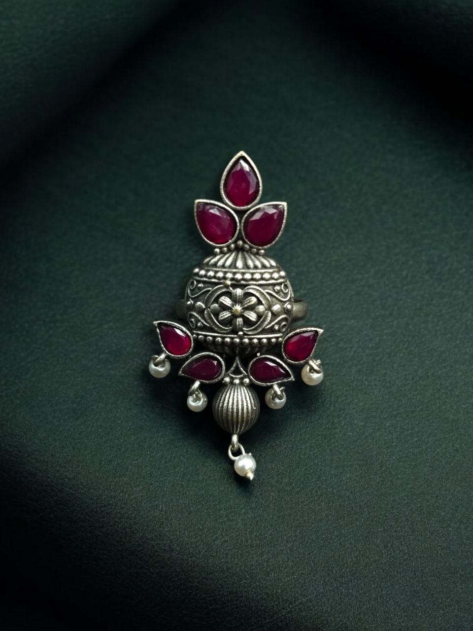 Elegant Silver Replica Adjustable Ring | Stone & Pearl Work Unique Design Jewelry - Image 4