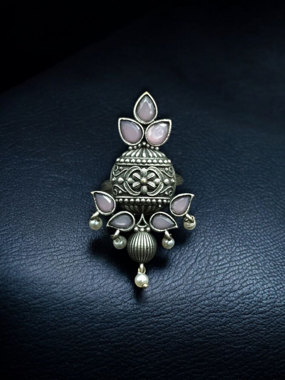 Elegant Silver Replica Adjustable Ring | Stone & Pearl Work Unique Design Jewelry - Image 3