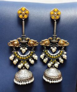 Alternative view of Designer Two-Tone Jhumka Earrings | Bird Design Pearl & Stone Work Beautiful Jewelry For Women