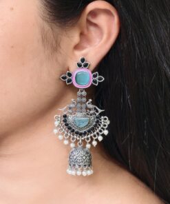 Traditional Long Jhumki Earrings | Meenakari Silver Replica Stone & Pearl Work Beautiful Jewelry For Women