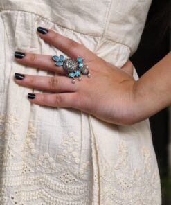 Alternative view of Elegant Silver Replica Adjustable Ring | Stone & Pearl Work Unique Design Jewelry