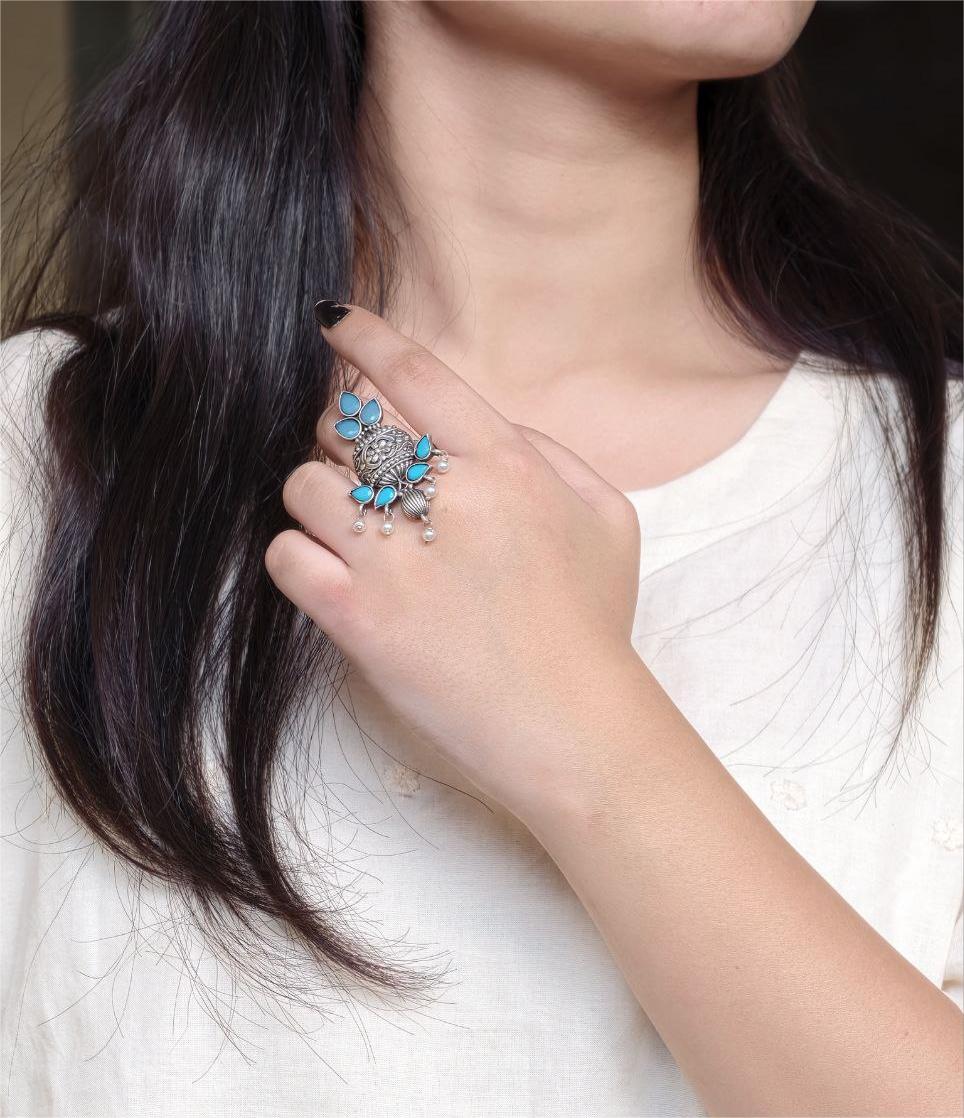 Elegant Silver Replica Adjustable Ring | Stone & Pearl Work Unique Design Jewelry