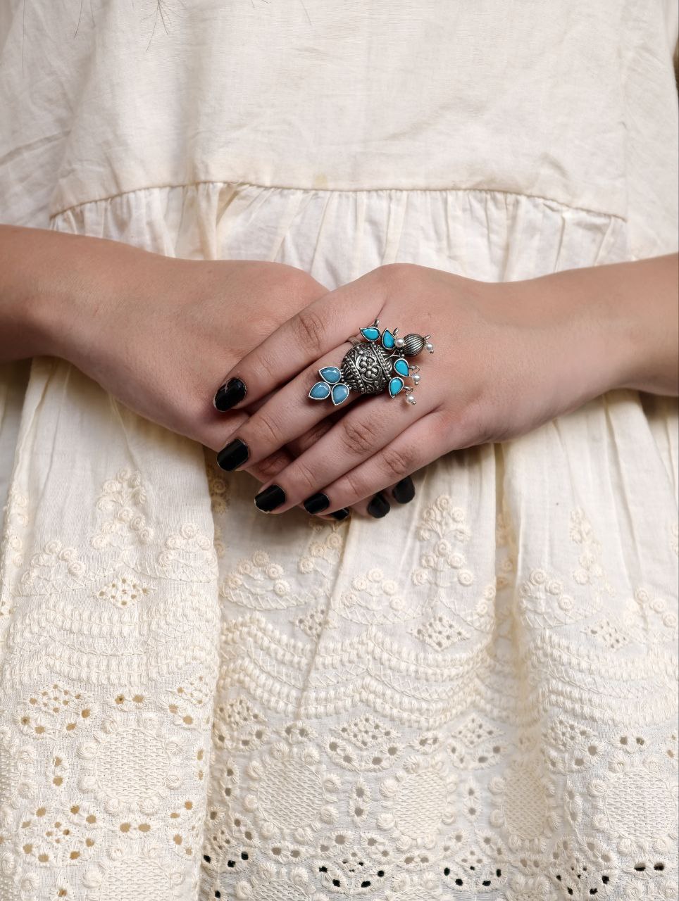 Elegant Silver Replica Adjustable Ring | Stone & Pearl Work Unique Design Jewelry - Image 6