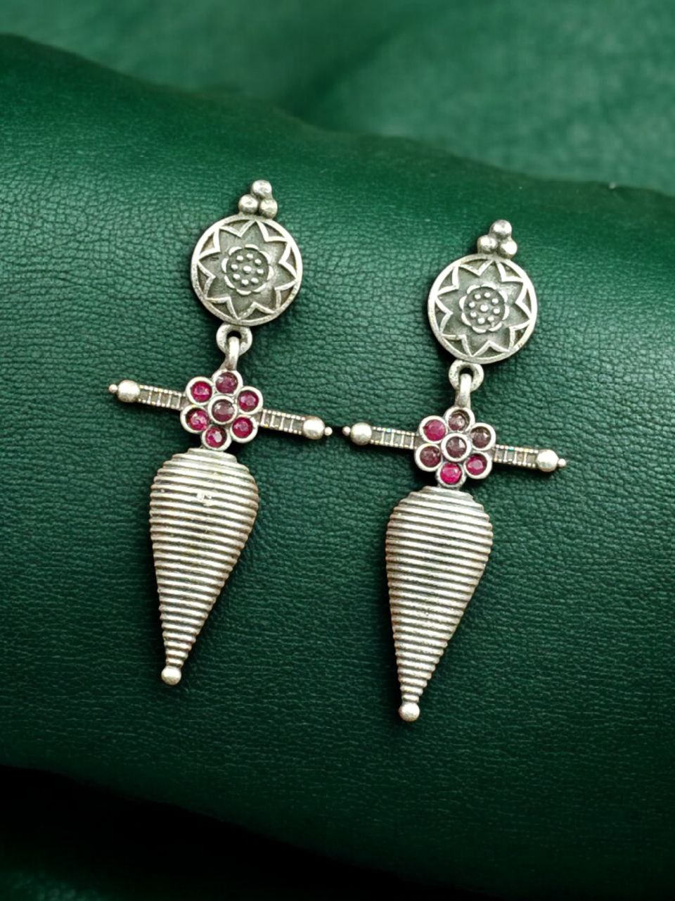 Traditional Oxidized Dangler Earrings | Unique Design Stone Work Silver Replica Jewelry - Image 5