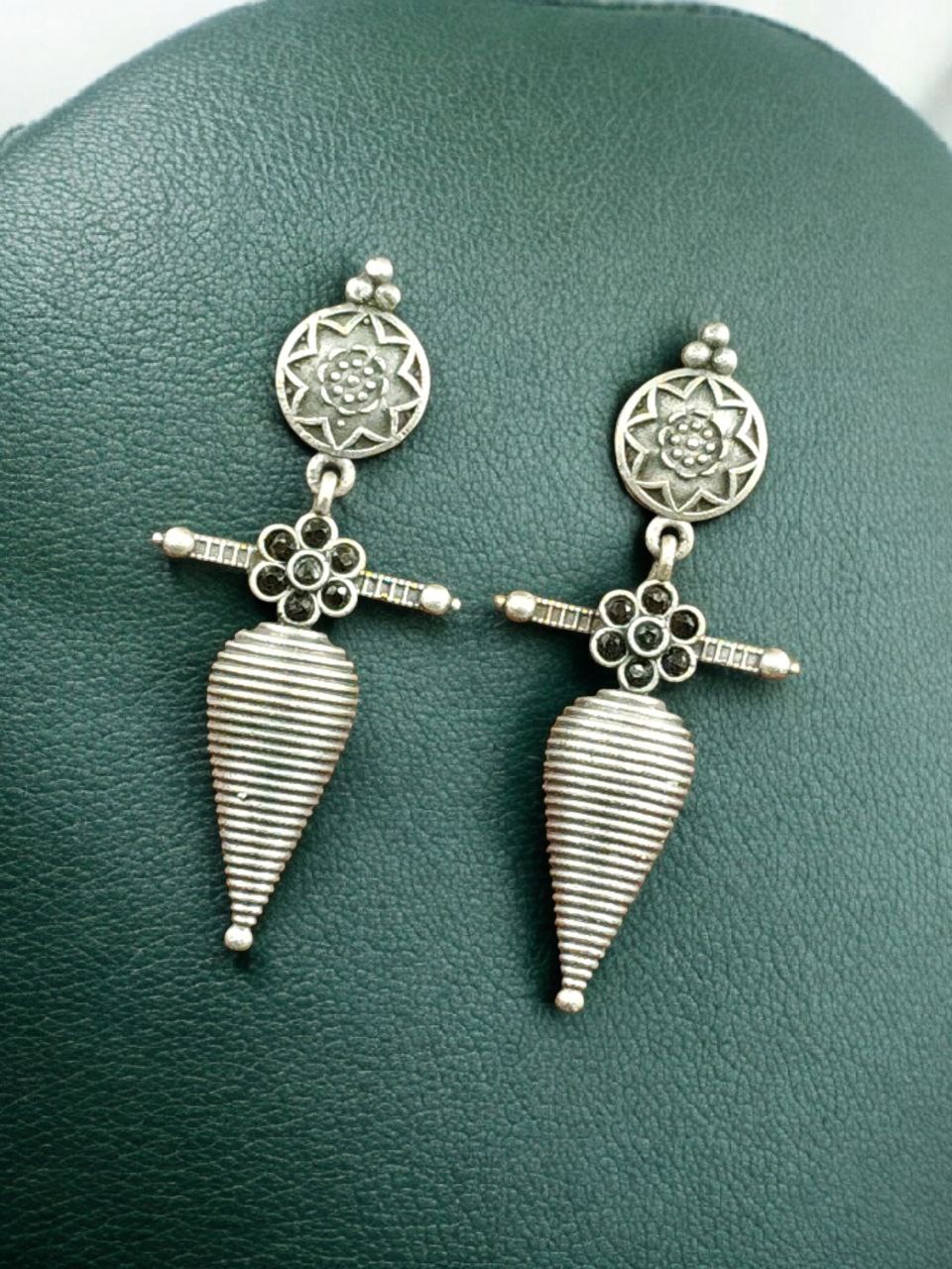 Traditional Oxidized Dangler Earrings | Unique Design Stone Work Silver Replica Jewelry - Image 4