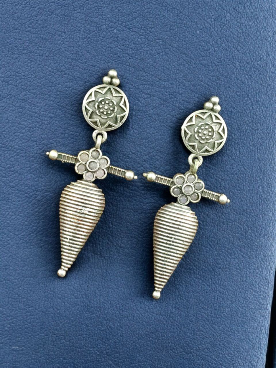 Traditional Oxidized Dangler Earrings | Unique Design Stone Work Silver Replica Jewelry - Image 8