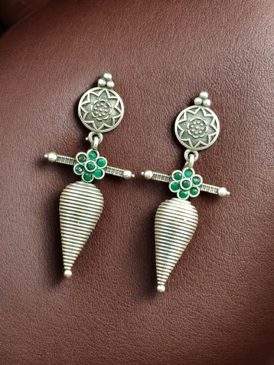 Traditional Oxidized Dangler Earrings | Unique Design Stone Work Silver Replica Jewelry - Image 6