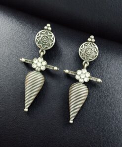 Alternative view of Traditional Oxidized Dangler Earrings | Unique Design Stone Work Silver Replica Jewelry