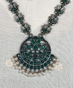 Alternative view of Silver Replica Oxidized Necklace | Elegant Stone & Pearl Work Perfect Look Jewelry