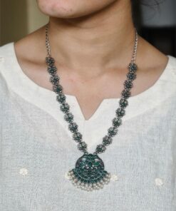 Silver Replica Oxidized Necklace | Elegant Stone & Pearl Work Perfect Look Jewelry