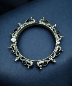 Alternative view of Oxidized Silver Replica Peacock Design Bangle | Stone & Pearl Work Beautiful Openable Kada