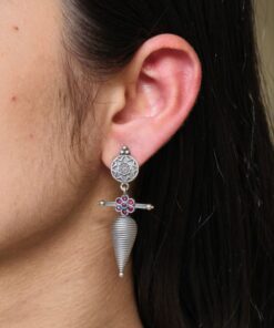 Traditional Oxidized Dangler Earrings | Unique Design Stone Work Silver Replica Jewelry