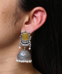 Silver Look Jhumka Earrings | Adorable Traditional Jhumki With Stone & Pearl Work