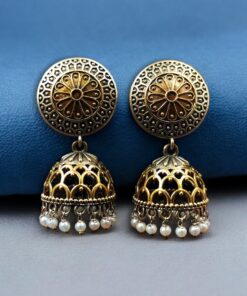 Alternative view of Handcrafted Two-Tone Jhumka Earrings | Pearl Work Traditional Beautiful Jewelry Gift For Her