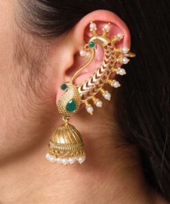 Beautiful Design Gold Plated Jhumki Earcuff | Elegant Stone & Pearl Detailing Jewelry For Girls