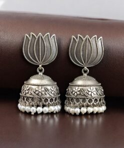 Handcrafted Lotus Design Jhumki Earrings | Pearl Work Silver Replica Amazing Jewelry
