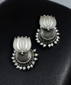 Alternative view of Handcrafted Lotus Design Jhumki Earrings | Pearl Work Silver Replica Amazing Jewelry
